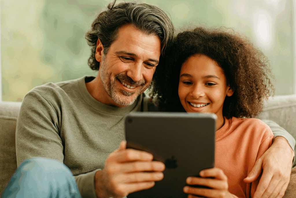 Vater und Tochter sitzen gemeinsam auf dem Sofa und nutzen ein Tablet, lächelnd und konzentriert