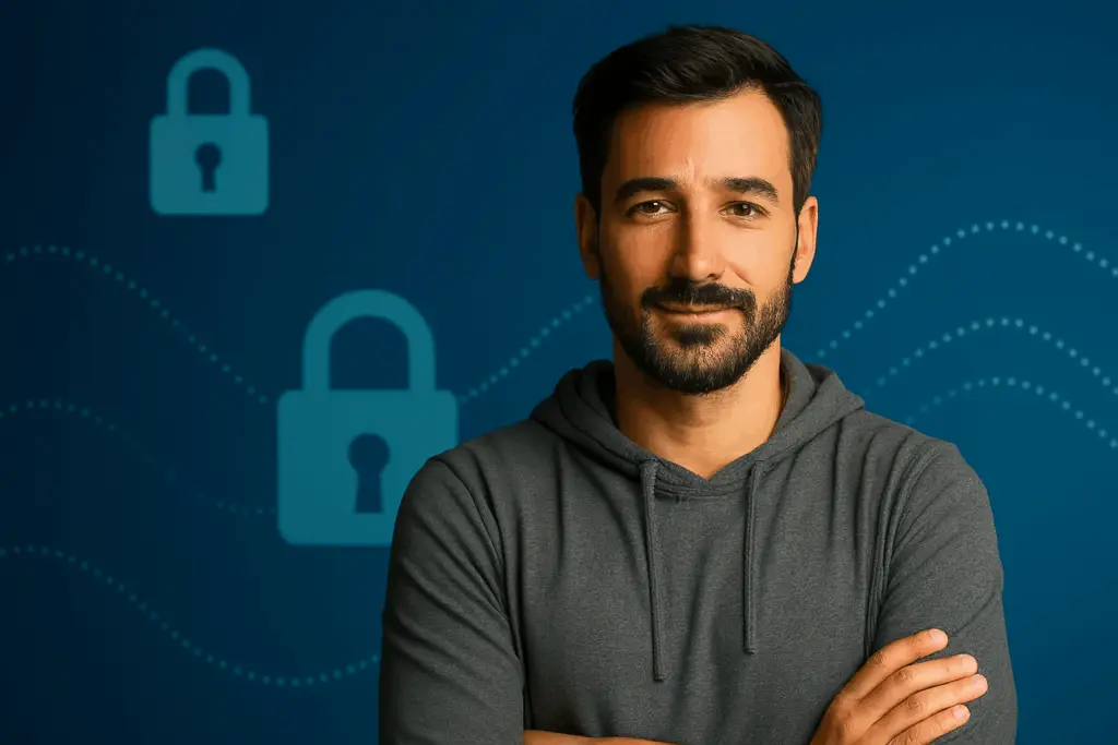 🕵️♂️ Sfatati i grandi miti sulla protezione dei dati: cosa c'è di vero 7 Miti della protezione dei dati - Leo è in piedi davanti a uno sfondo digitale con simboli della protezione dei dati e guarda con calma nella telecamera - immagine simbolica per i miti del GDPR.