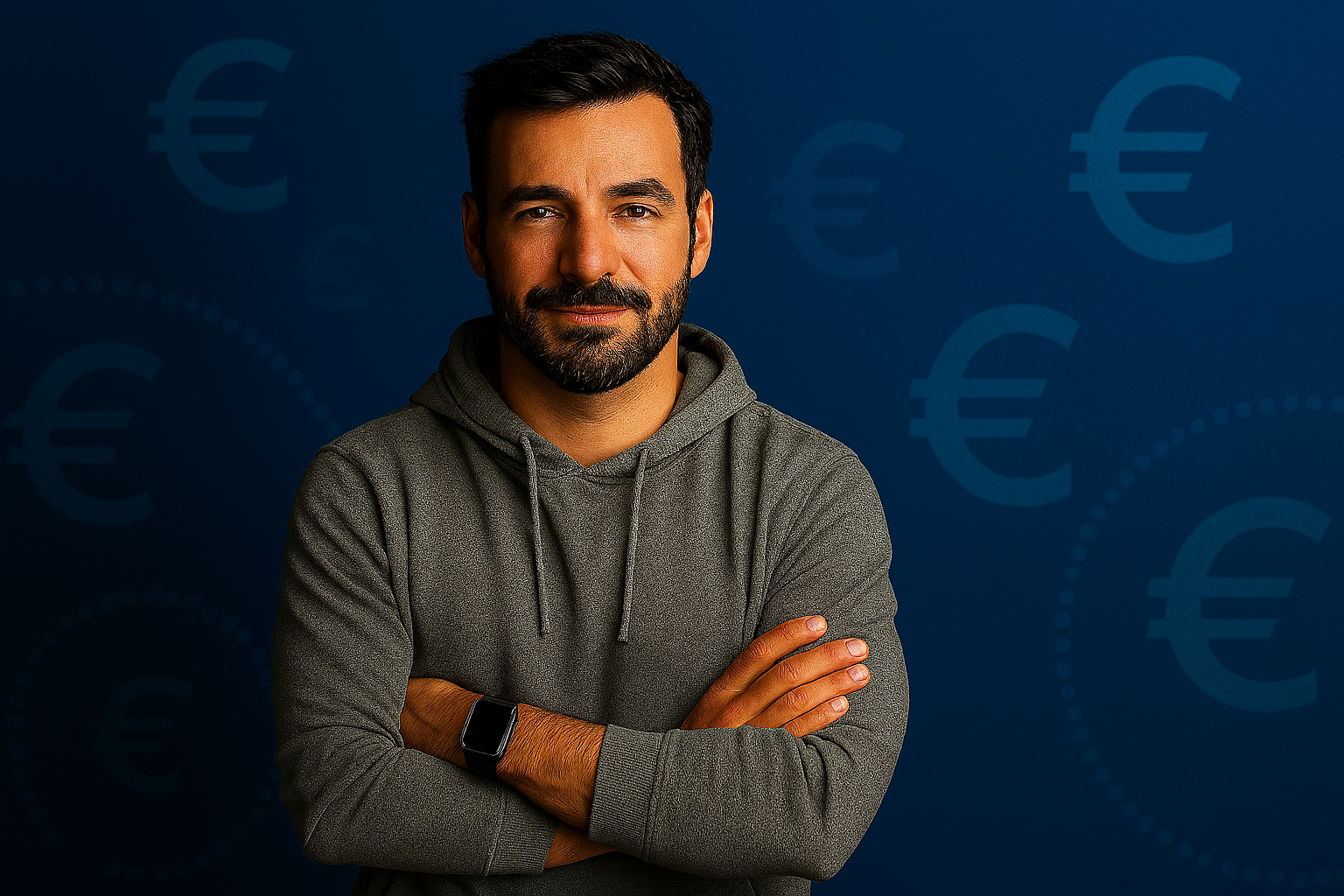 Mann mit grauem Hoodie und Smartwatch vor blauem Hintergrund mit Euro-Symbolen – symbolisiert digitales Sparen und Cashback beim Online-Shopping.
