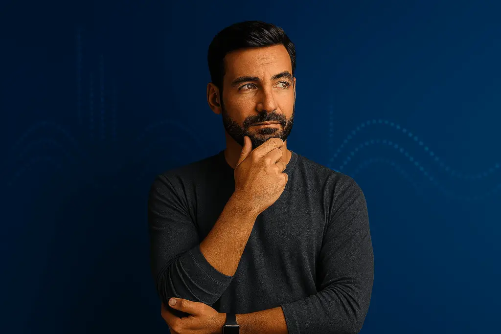 TikTok weiß, was du willst – bevor du es tust?! 5 Leo denkt nach vor einem blauen Hintergrund mit digitalen Wellen – Symbol für algorithmische Kontrolle und digitale Klarheit.