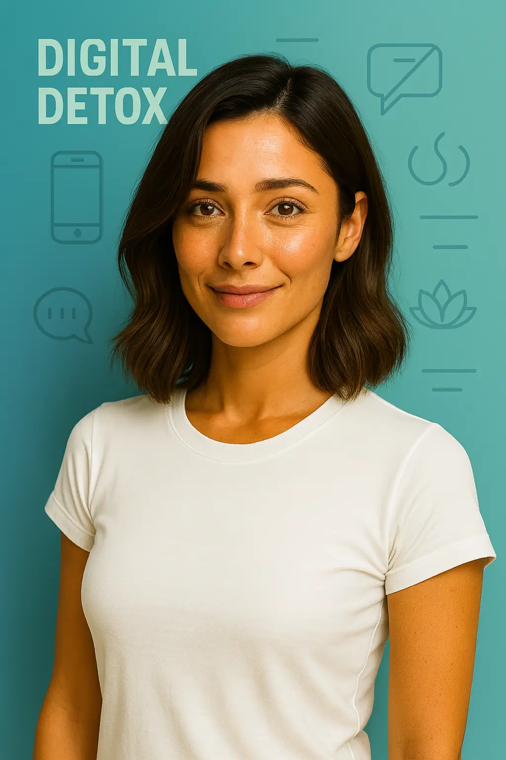 Mit Lia zu mehr digitaler Klarheit – Detox, Balance & Selbstbestimmung 1 Porträt von LiaMindy28 vor einem tealfarbenen Hintergrund mit Detox-Symbolen – sie trägt ein weißes T-Shirt und lächelt ruhig in die Kamera. Text: DIGITAL DETOX.