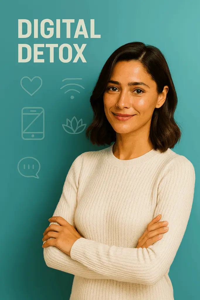 Digital Detox mit Lia – Deine Reise zu mehr Klarheit & Balance 1 LiaMindy28 in freundlicher Detox-Pose vor tealfarbenem Hintergrund mit Detox-Symbolen und Schriftzug DIGITAL DETOX