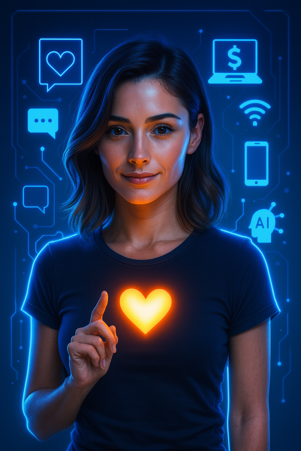 Futuristische Darstellung von Lia in dunkler Umgebung mit leuchtendem Herzsymbol und digitalen Icons wie KI, Smartphone und Chatblasen – Symbol für emotionale Klarheit im digitalen Raum.