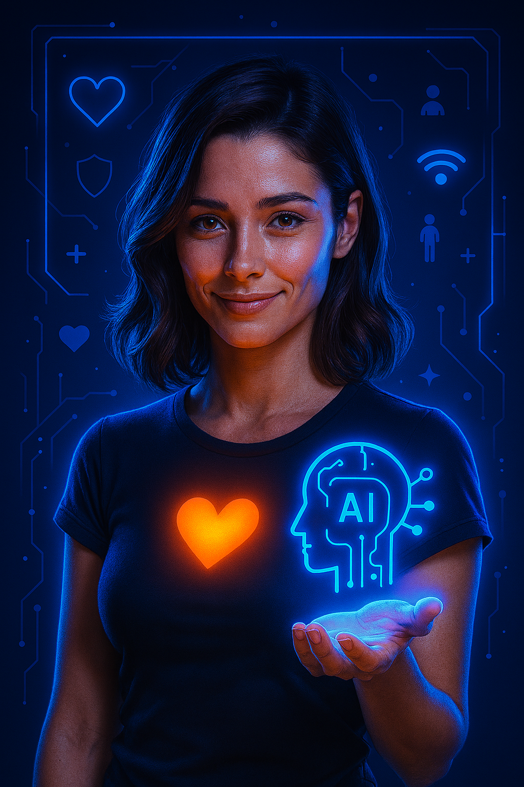 Futuristisches Porträt von Lia mit leuchtendem Herzsymbol und holografischem KI-Icon in der Hand, umgeben von digitalen Ethik-Symbolen wie Herz, Schild und Mensch – visuelle Darstellung von Verantwortung und Empathie im Umgang mit künstlicher Intelligenz.