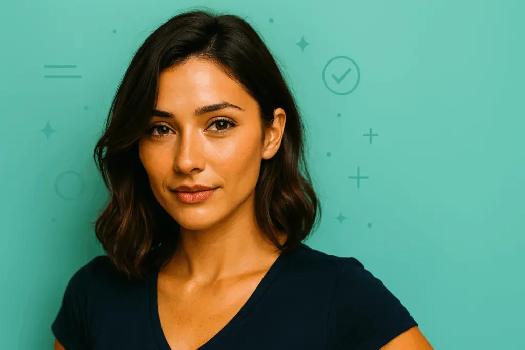 „Fokusbild: Lia steht in ruhiger Pose vor einem türkisfarbenen Hintergrund mit Symbolen für digitale Selbstfürsorge, Klarheit und Detox – visuelle Darstellung emotionaler Balance im Kontext von TikTok-Triggern.