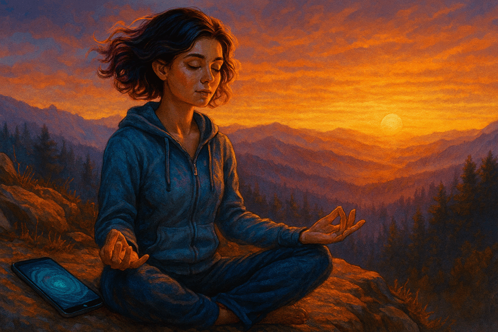 Illustration einer jungen Frau mit mittellangem braunen Haar in orangefarbenem Shirt vor pfirsichfarbenem Hintergrund. Sie zeigt nach rechts. Darüber steht ‚Digital Detox Klarheit