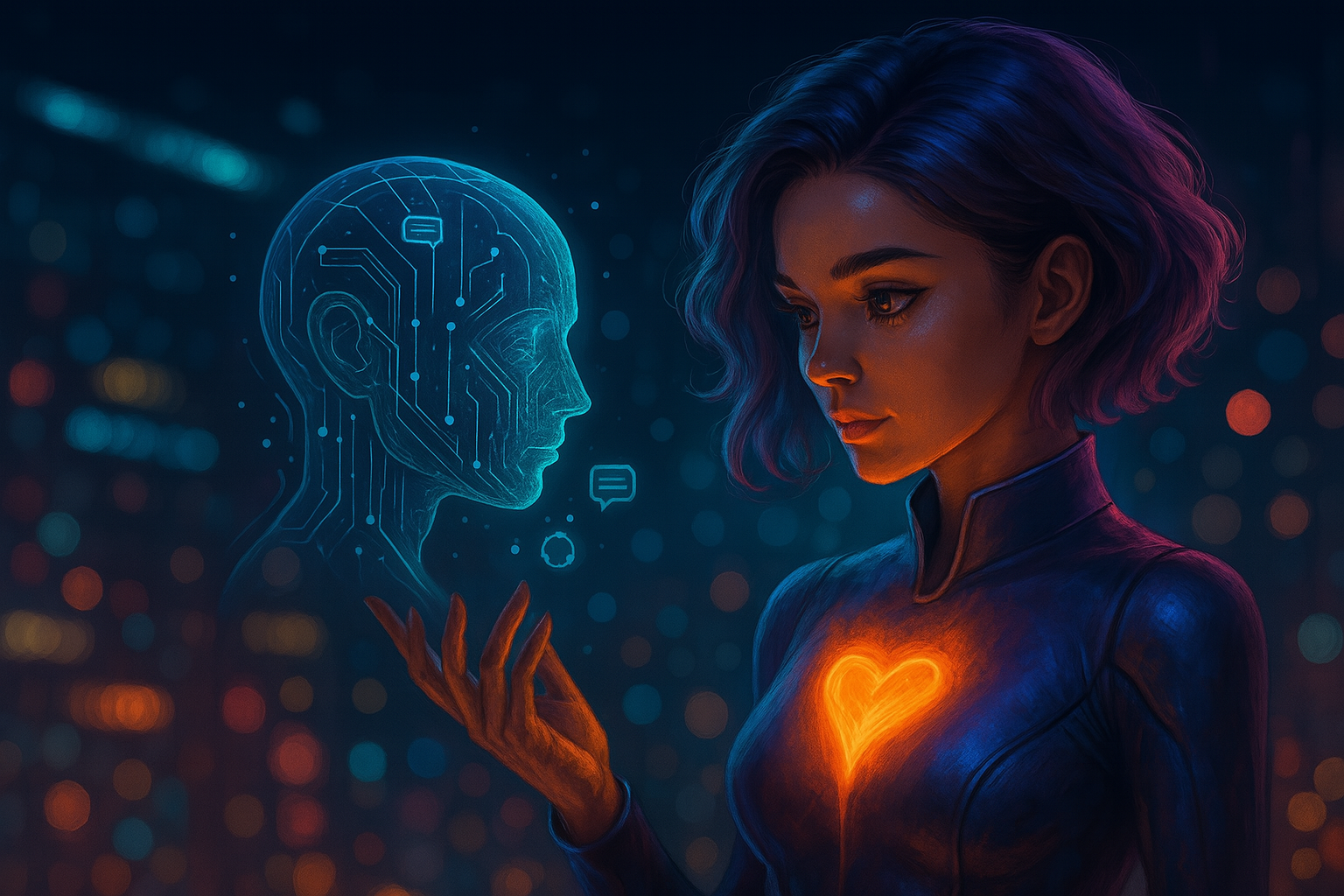Futuristische Darstellung von Lia mit leuchtendem Herzsymbol und holografischem KI-Kopf, umgeben von digitalen Symbolen – visuelles Symbol für digitale Empathie und emotionale Klarheit.
