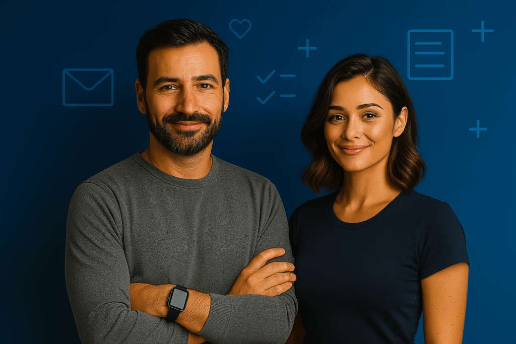 „Leo und Lia stehen nebeneinander vor einem blauen Hintergrund mit Symbolen für Kommunikation und Klarheit – visuelle Darstellung des MindOnDigital Newsletters