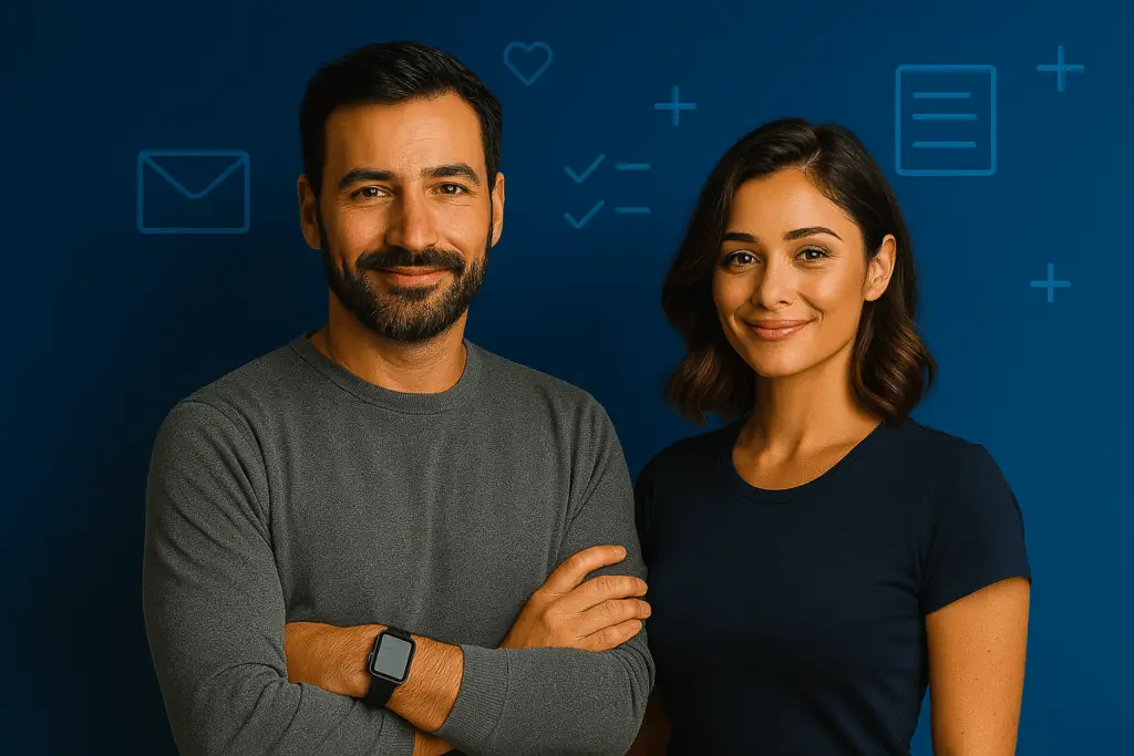 Newsletter - Digitale Klarheit beginnt bei dir 1 „Leo und Lia stehen nebeneinander vor einem blauen Hintergrund mit Symbolen für Kommunikation und Klarheit – visuelle Darstellung des MindOnDigital Newsletters