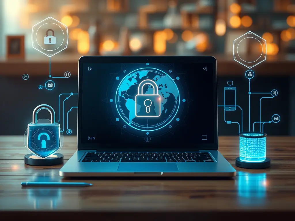 Digitale Selbstbestimmung. „Laptop mit Vorhängeschloss auf Schreibtisch – Symbol für digitale Selbstbestimmung und Datenschutz.