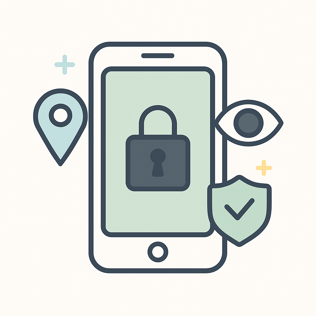 📱 Configurare lo smartphone nel rispetto della privacy - miglioramento efficiente, passo dopo passo 11 Smartphone con simboli di protezione dei dati come posizione, occhio e scudo: una rappresentazione visiva per un utilizzo semplice della protezione dei dati.