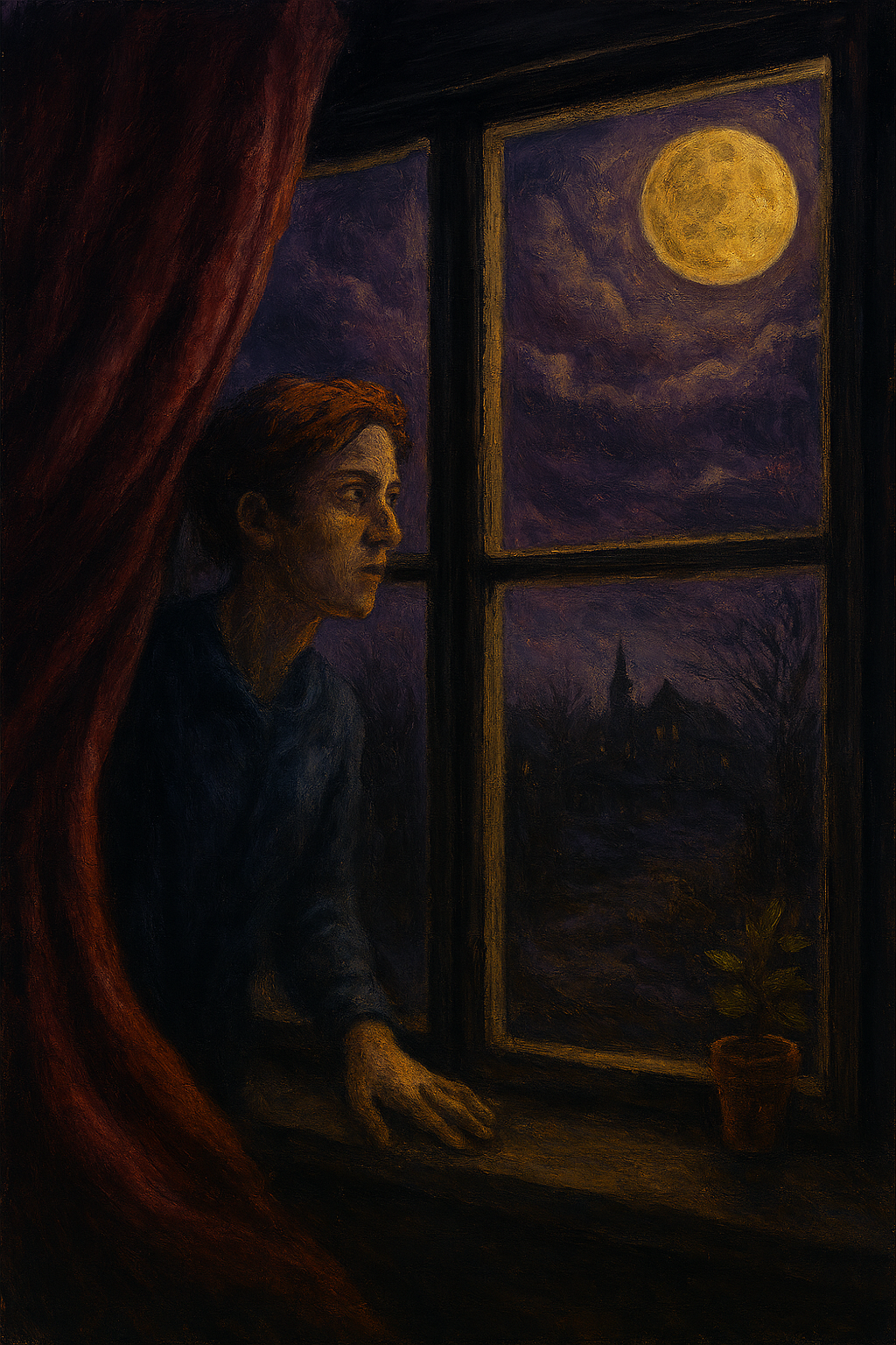 Stafii - Voices in the dark A woman looks out of an old window at night onto a gloomy village under a full moon, surrounded by bare trees and a mystical atmosphere