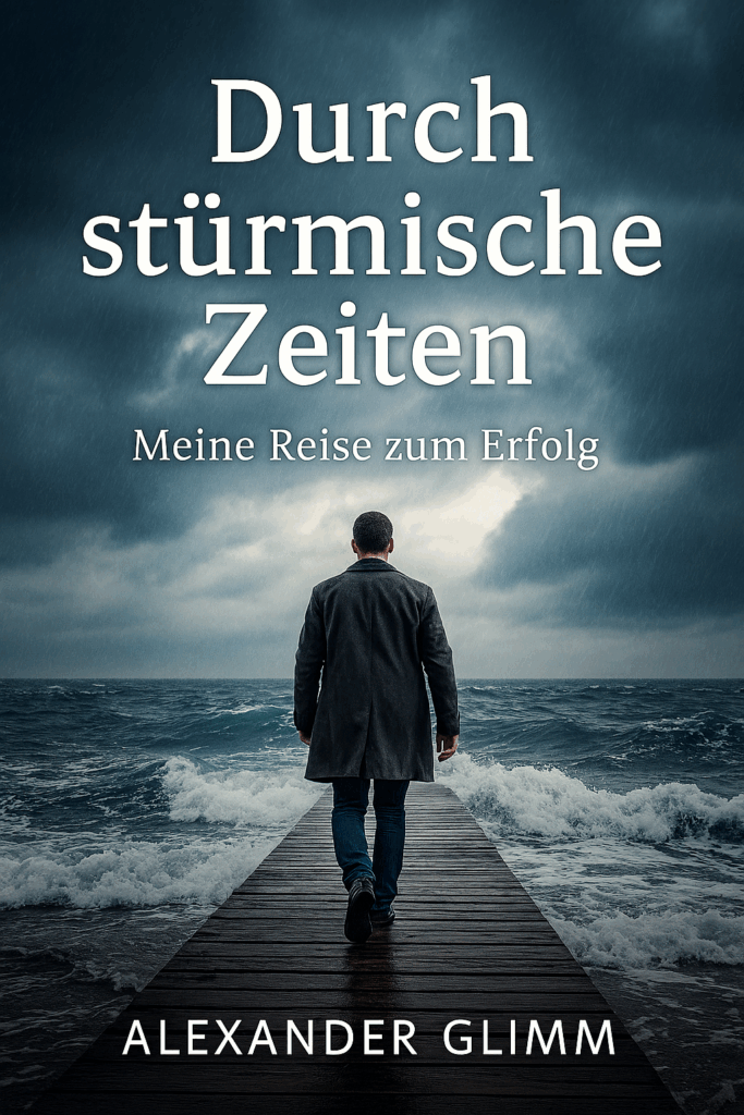 Durch stürmische Zeiten – Alexander Glimm 1 Durch stürmische Zeiten – Buchcover von Alexander Glimm mit Mann auf Pier im Sturm, Symbol für Disziplin und Selbstbestimmung.
