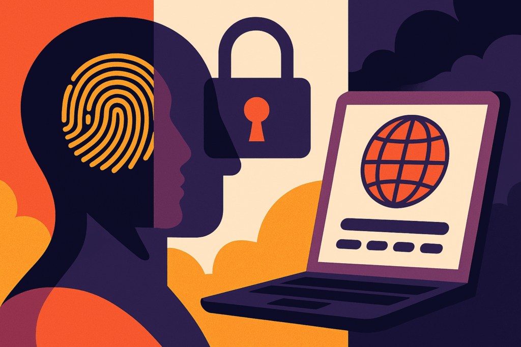 Digitale Selbstbestimmung und Datenschutz – häufige Fragen und Antworten 1 Illustration zur digitalen Selbstbestimmung und Datenschutz mit Fingerabdruck, Schloss und Laptop