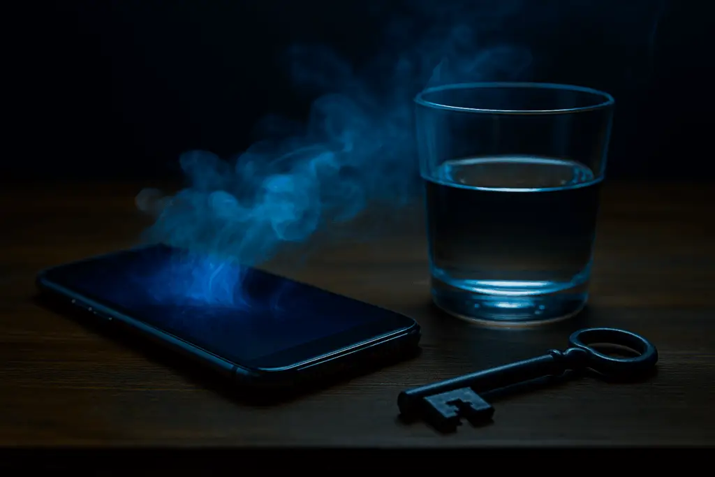 Meta vi sta ascoltando? No, ma i vostri dati rivelano più di quanto pensiate 🔍🔒 3 Smartphone su una superficie di legno con nebbia blu che si muove verso un vetro e una vecchia chiave - metafora visiva di dati, privacy e accesso.