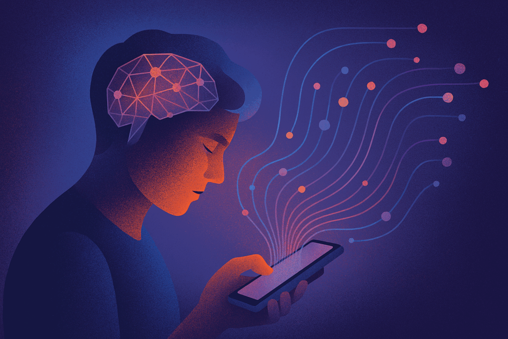 Algoritmi emotivi: 7 meccanismi invisibili che controllano le vostre relazioni digitali 1 Illustrazione di una persona che interagisce con uno smartphone, mentre linee neuronali conducono dal dispositivo al cervello, simboleggiando gli algoritmi emozionali dei social media.
