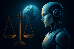 🌍 Verantwortung und Chancen für unsere digitale Zukunft 1 Humanoider Roboter neben einer Waage mit leuchtender Erde im Hintergrund – Symbol für KI-Ethik und globale Verantwortung